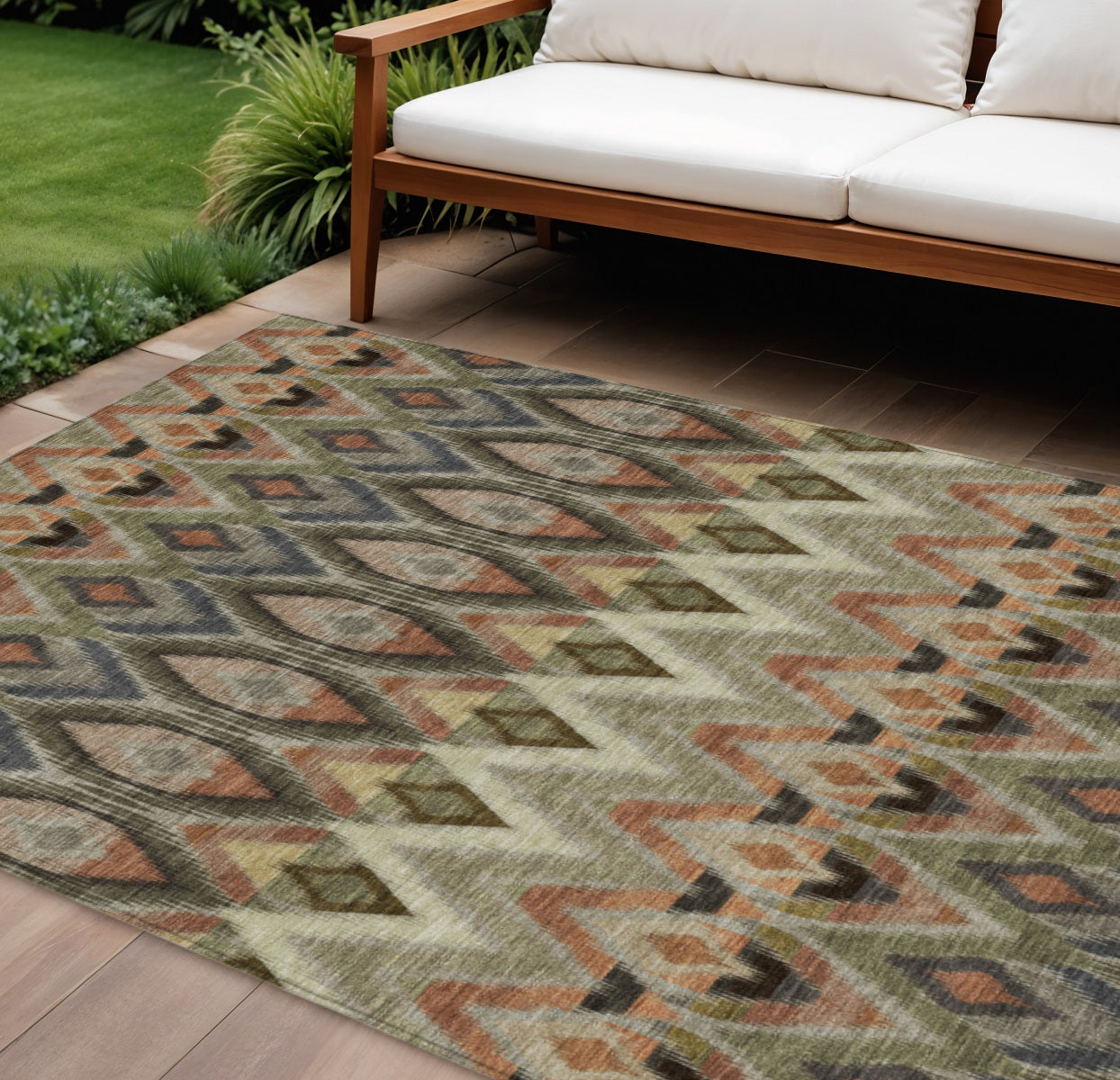 8' X 10' Taupe Olive Green And Beige Southwestern Washable Indoor Outdoor Area Rug - Outdoor