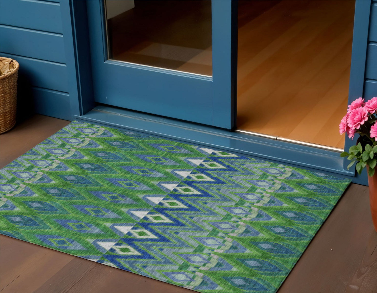 3' X 5' Green And Blue Southwestern Washable Indoor Outdoor Area Rug - Outdoor