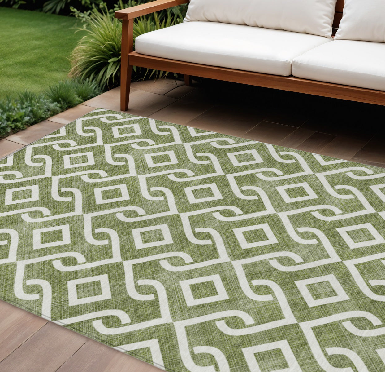 8' X 10' Olive Green And Ivory Geometric Washable Indoor Outdoor Area Rug - Outdoor