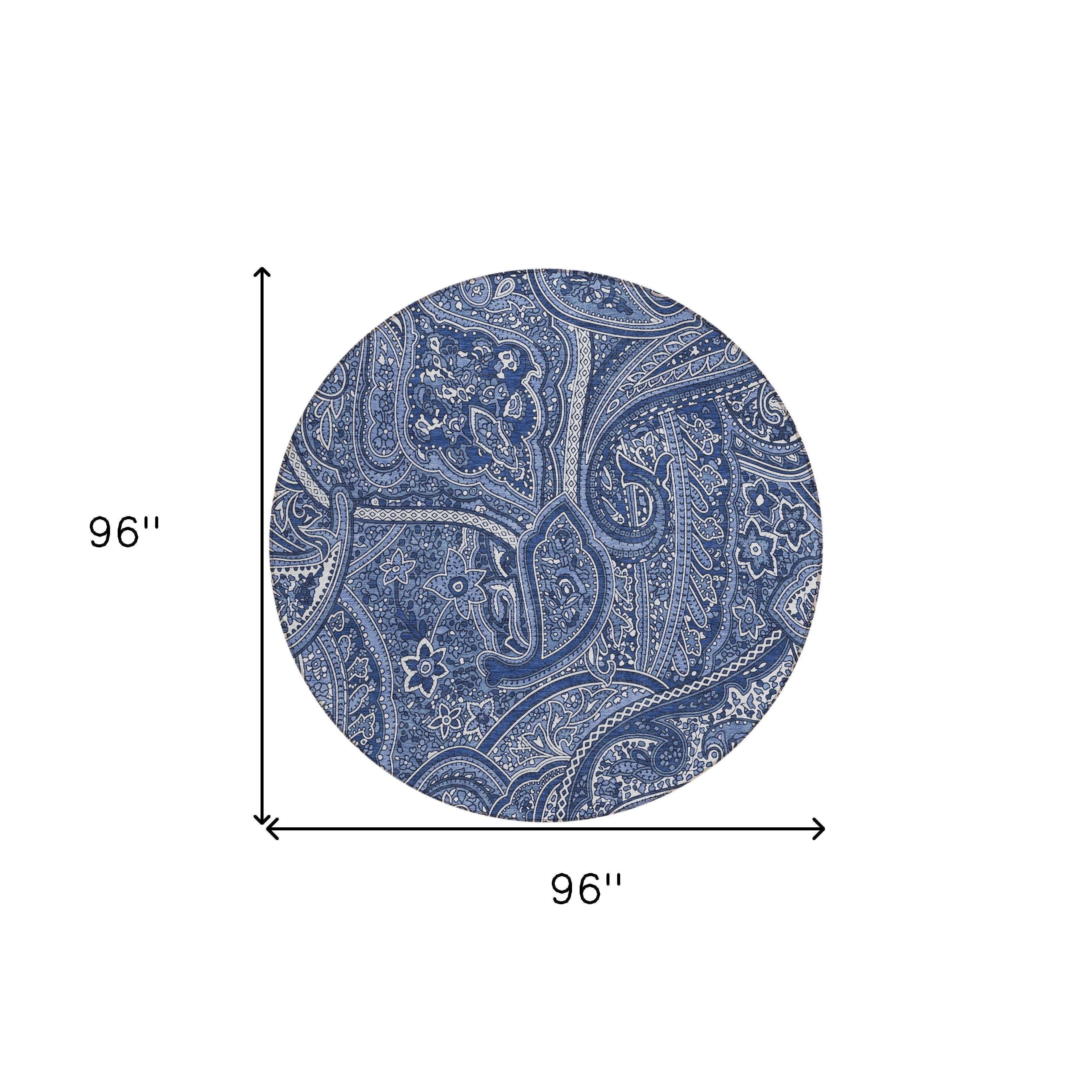 8' Navy Blue And Sky Blue Round Paisley Washable Indoor Outdoor Area Rug - Sports & Outdoor