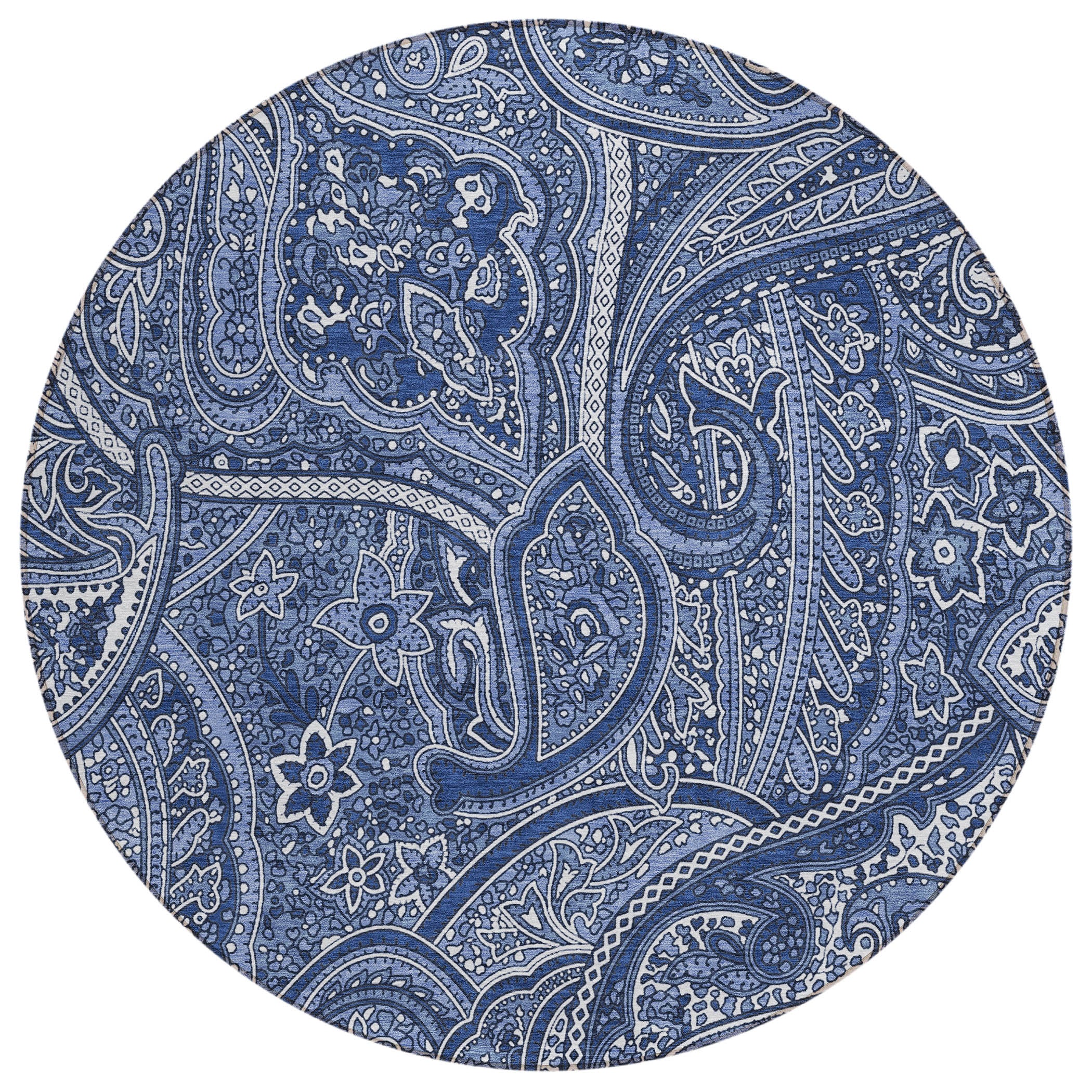 8' Navy Blue And Sky Blue Round Paisley Washable Indoor Outdoor Area Rug - Sports & Outdoor