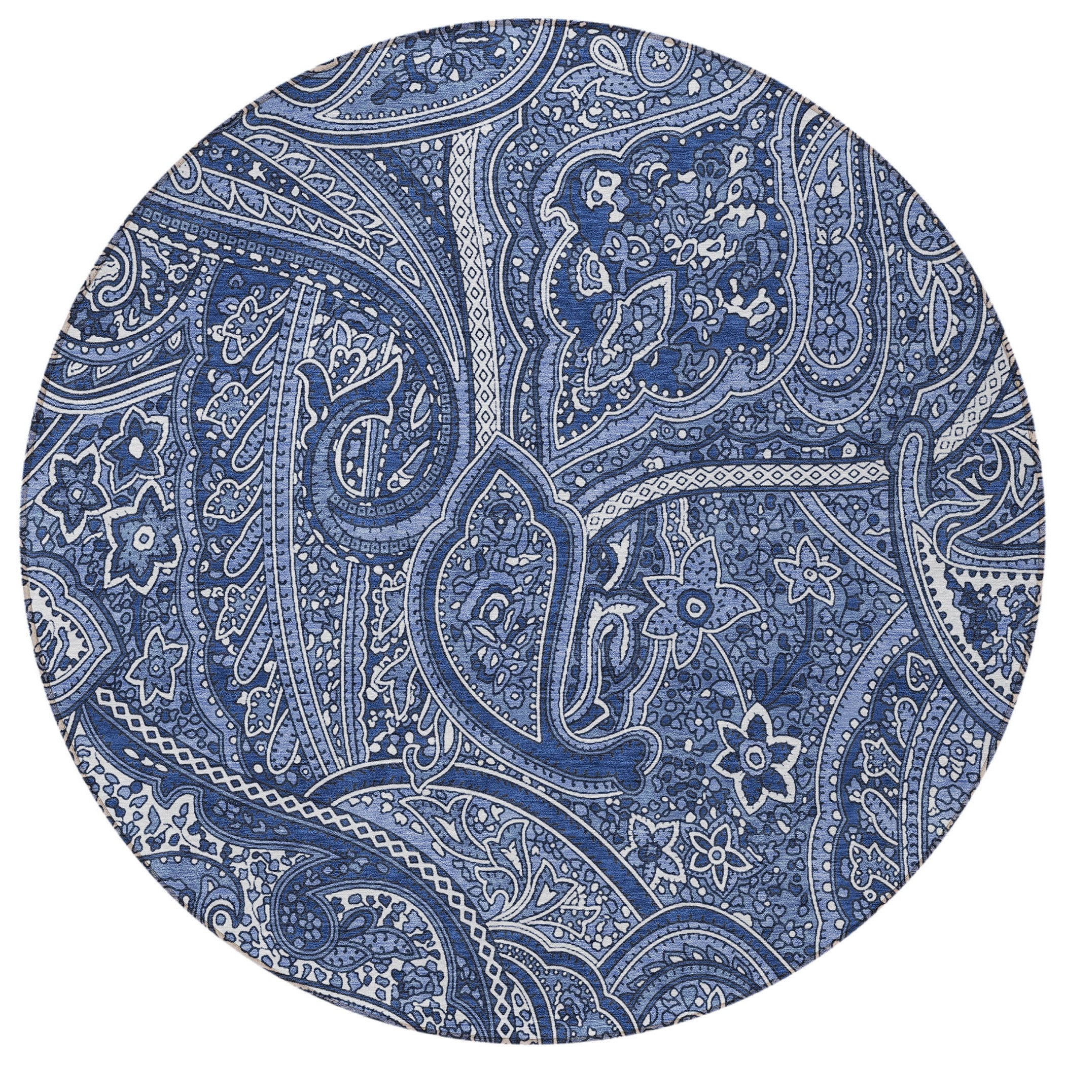 8' Navy Blue And Sky Blue Round Paisley Washable Indoor Outdoor Area Rug - Sports & Outdoor