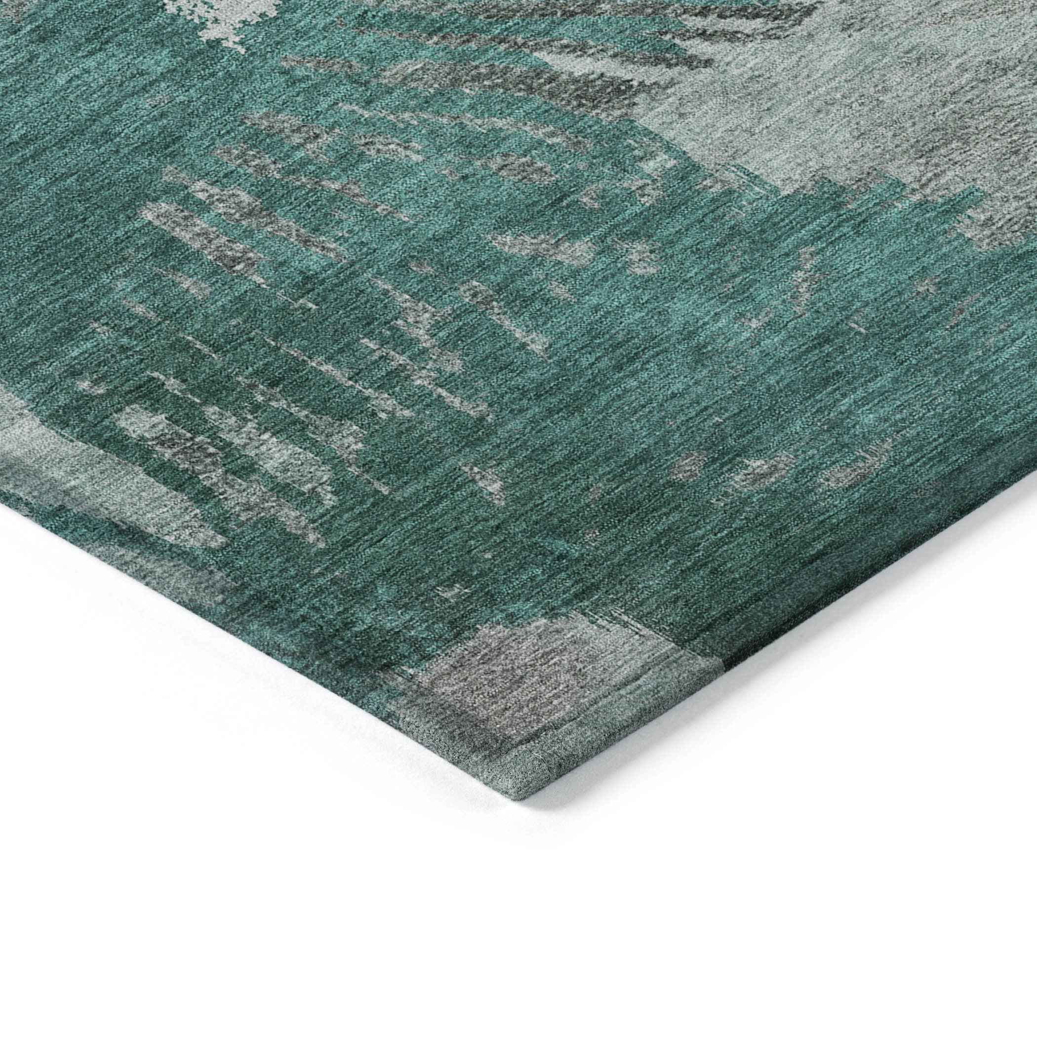 10' X 14' Dark Green Aqua And Gray Abstract Washable Indoor Outdoor Area Rug