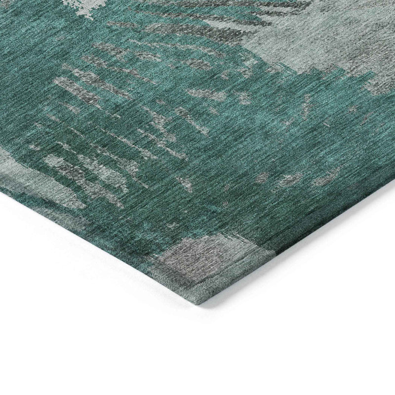10' X 14' Dark Green Aqua And Gray Abstract Washable Indoor Outdoor Area Rug