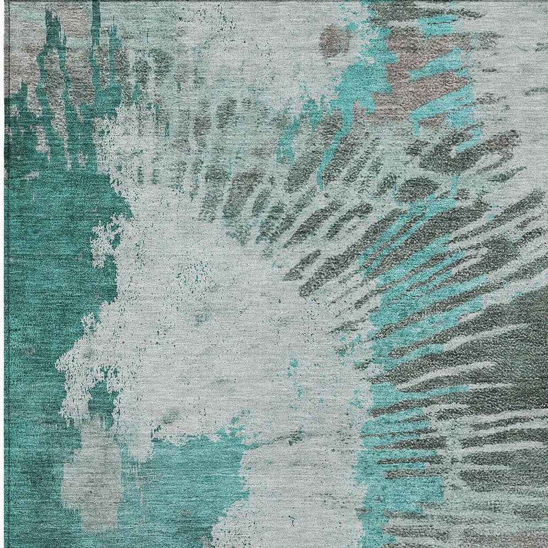 10' X 14' Dark Green Aqua And Gray Abstract Washable Indoor Outdoor Area Rug