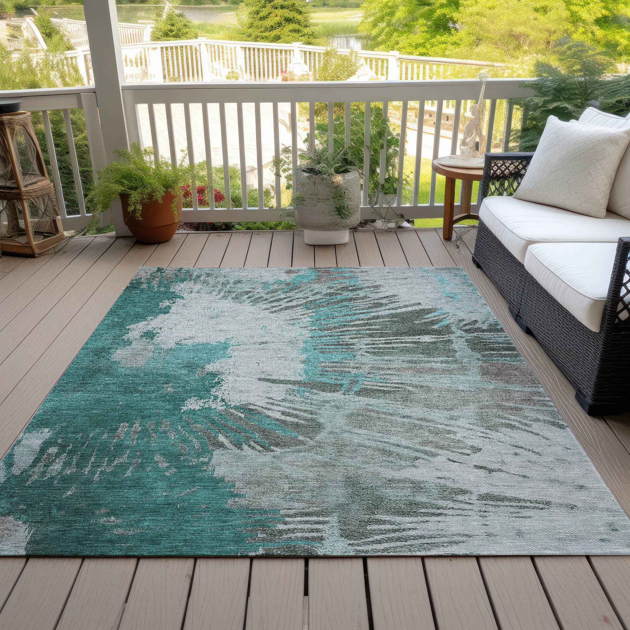 10' X 14' Dark Green Aqua And Gray Abstract Washable Indoor Outdoor Area Rug