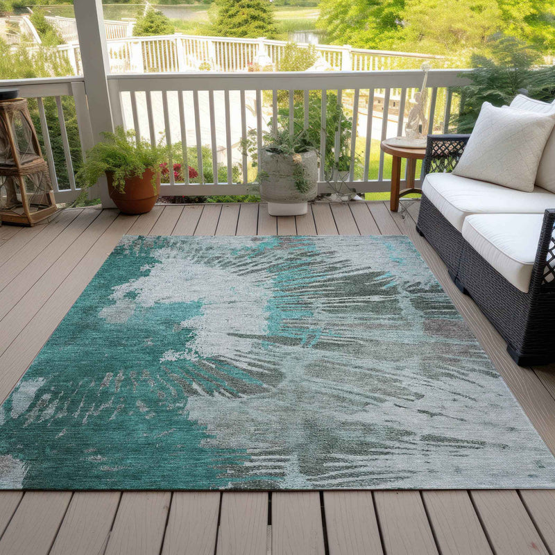 10' X 14' Dark Green Aqua And Gray Abstract Washable Indoor Outdoor Area Rug