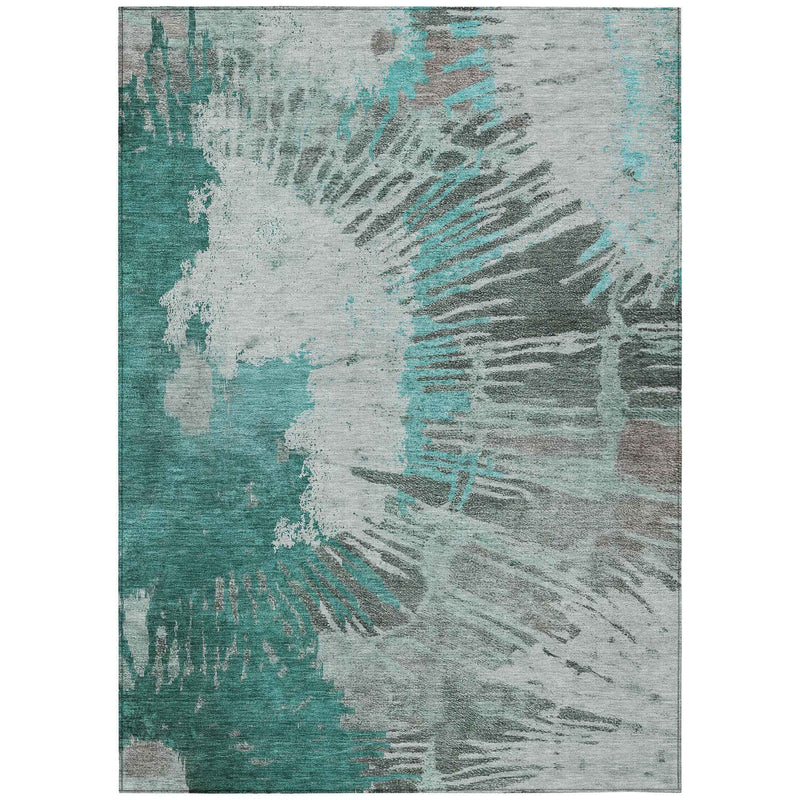 10' X 14' Dark Green Aqua And Gray Abstract Washable Indoor Outdoor Area Rug