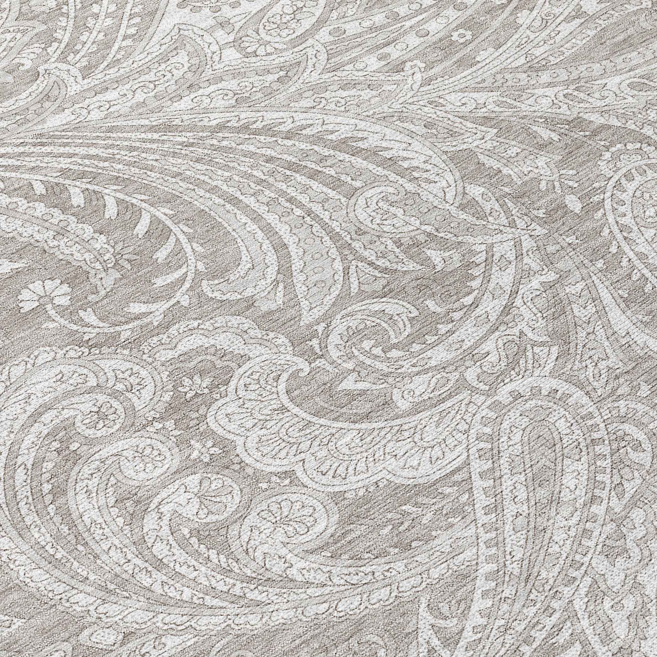 8' Taupe Beige And Ivory Round Paisley Washable Indoor Outdoor Area Rug