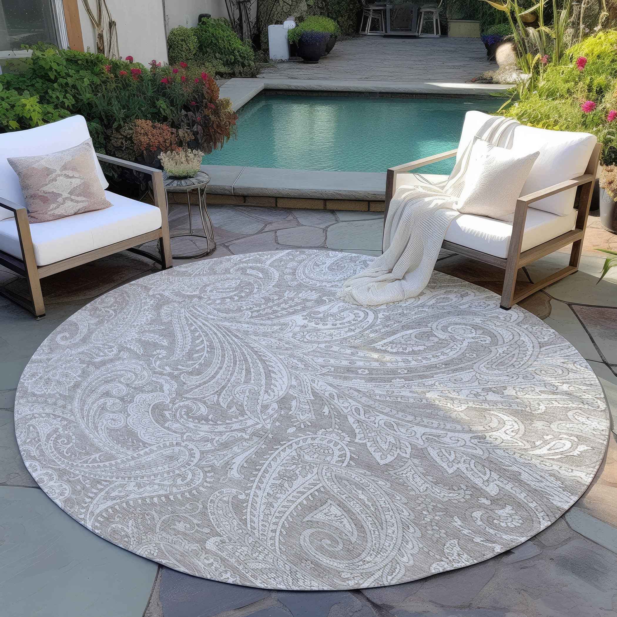 8' Taupe Beige And Ivory Round Paisley Washable Indoor Outdoor Area Rug