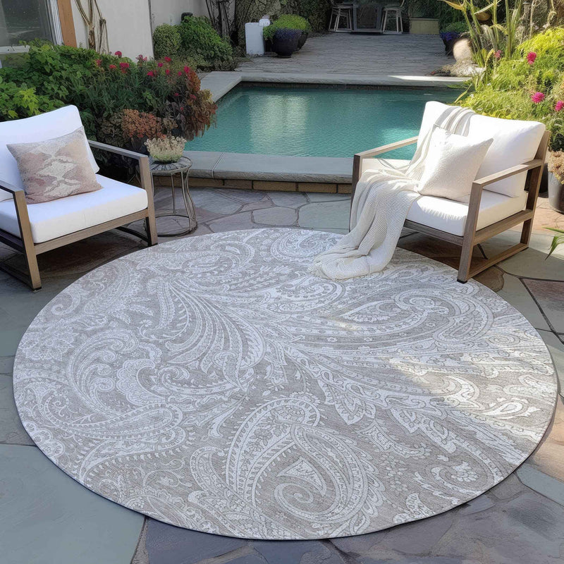 8' Taupe Beige And Ivory Round Paisley Washable Indoor Outdoor Area Rug