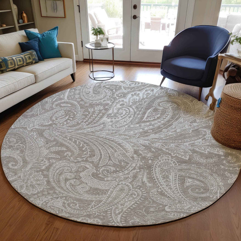 8' Taupe Beige And Ivory Round Paisley Washable Indoor Outdoor Area Rug