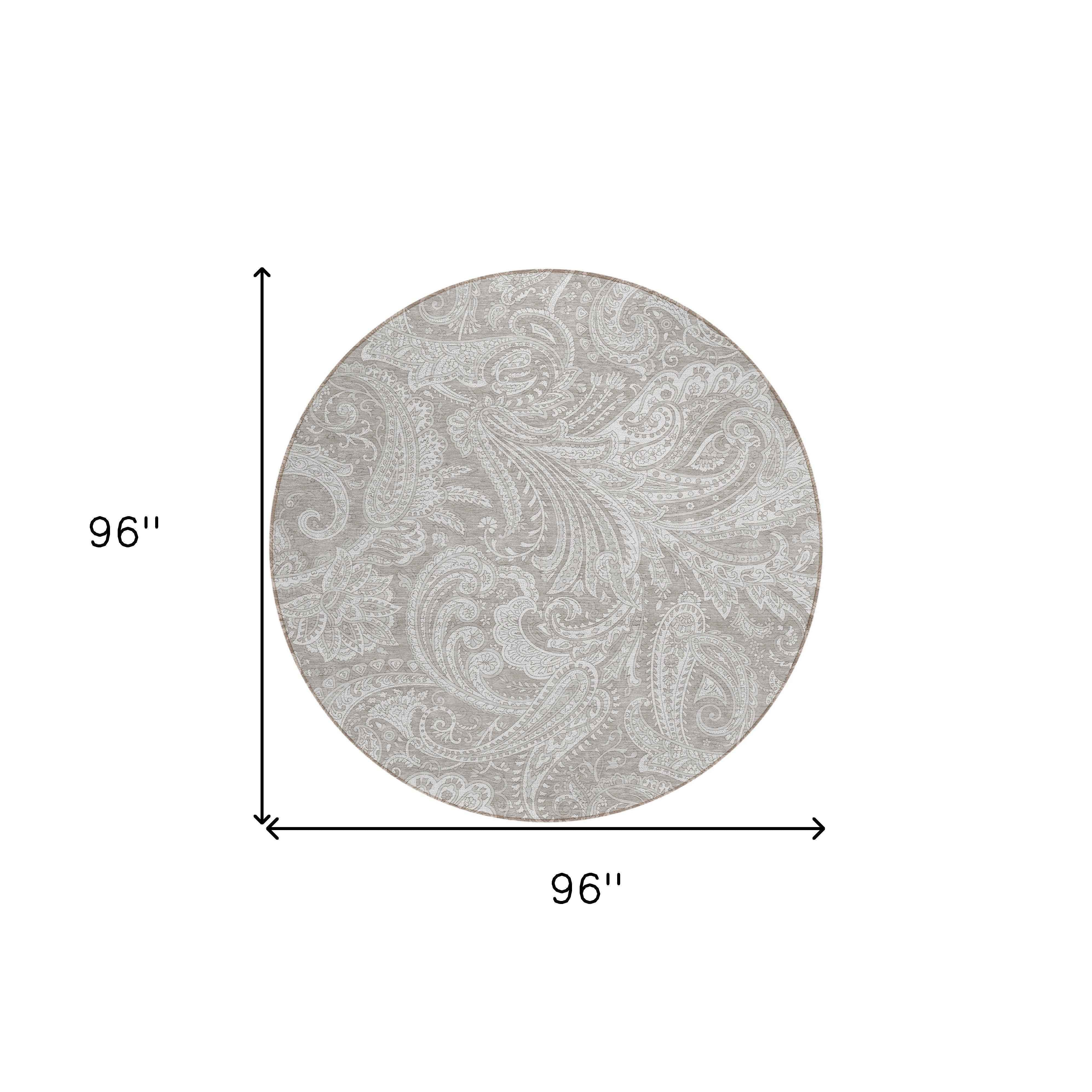8' Taupe Beige And Ivory Round Paisley Washable Indoor Outdoor Area Rug