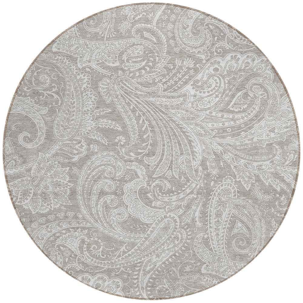 8' Taupe Beige And Ivory Round Paisley Washable Indoor Outdoor Area Rug