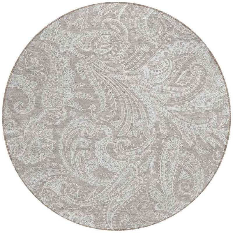 8' Taupe Beige And Ivory Round Paisley Washable Indoor Outdoor Area Rug