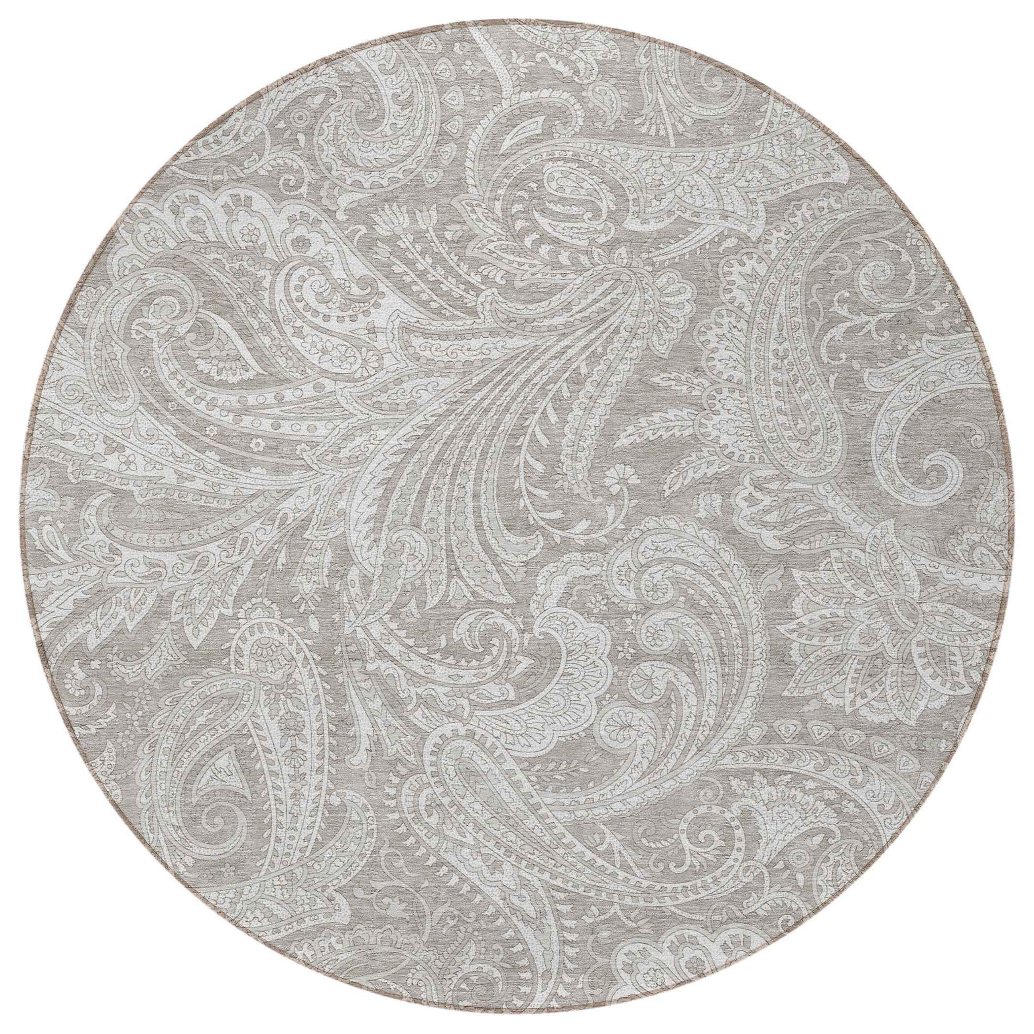 8' Taupe Beige And Ivory Round Paisley Washable Indoor Outdoor Area Rug