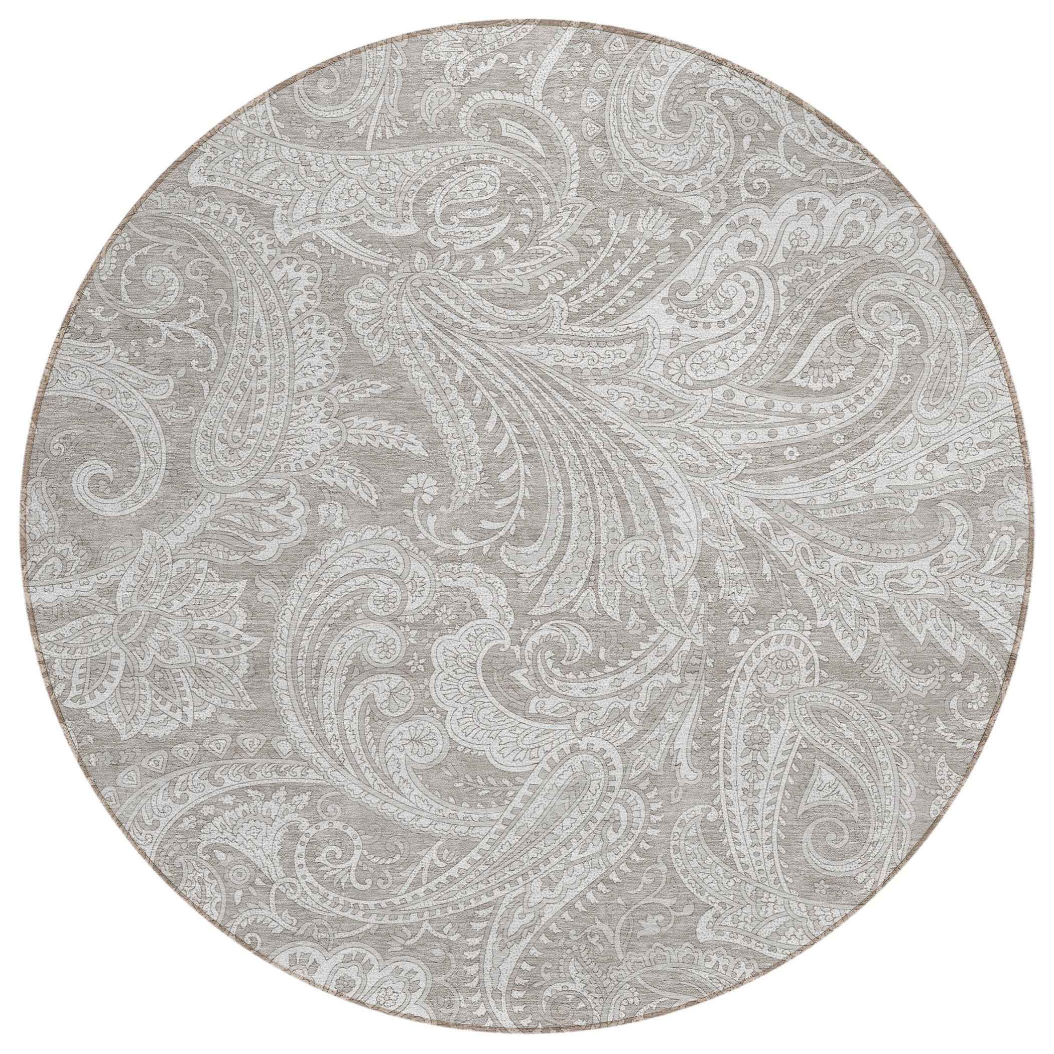 8' Taupe Beige And Ivory Round Paisley Washable Indoor Outdoor Area Rug