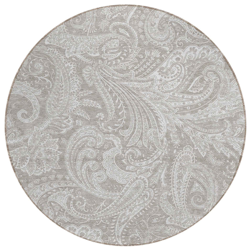 8' Taupe Beige And Ivory Round Paisley Washable Indoor Outdoor Area Rug