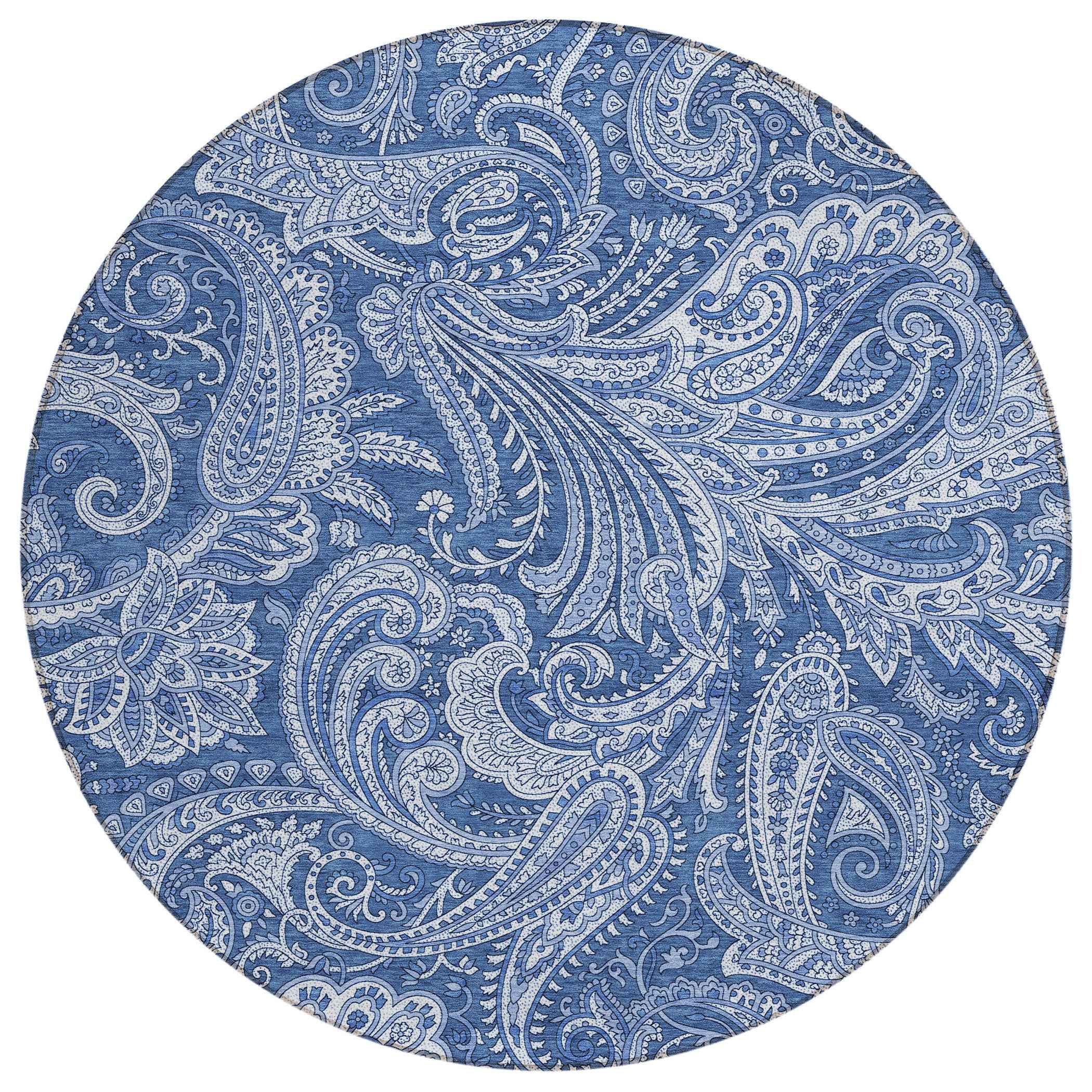 8' Navy Blue And Denim Blue Round Paisley Washable Indoor Outdoor Area Rug