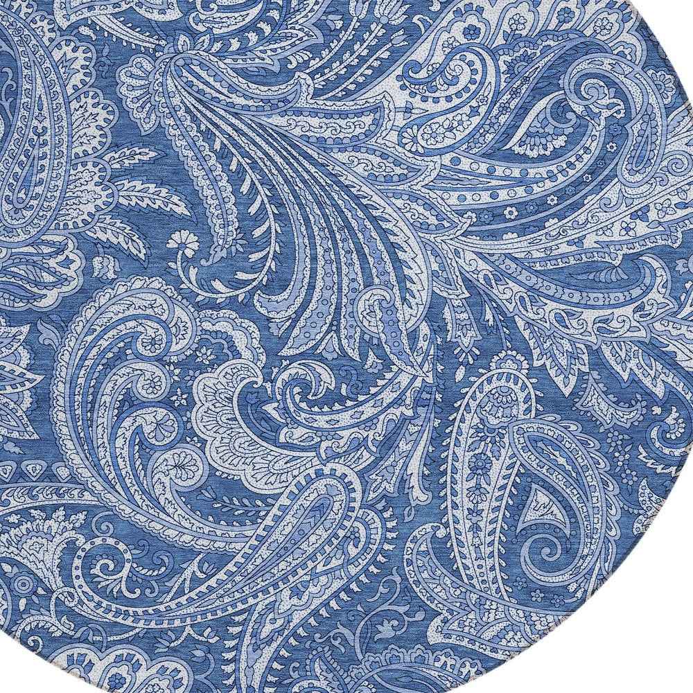 8' Navy Blue And Denim Blue Round Paisley Washable Indoor Outdoor Area Rug