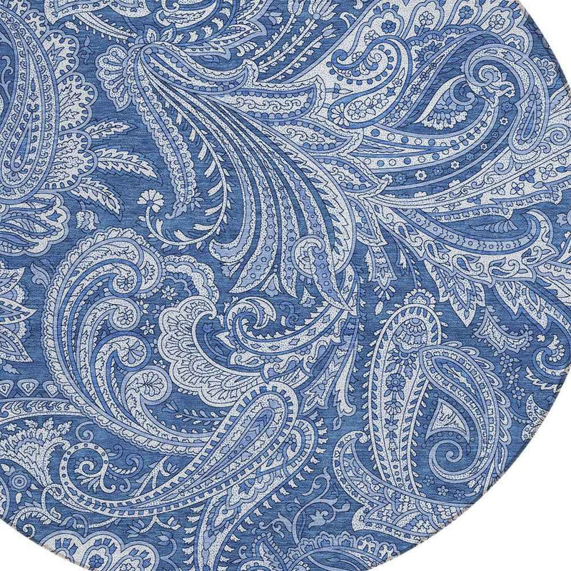 8' Navy Blue And Denim Blue Round Paisley Washable Indoor Outdoor Area Rug