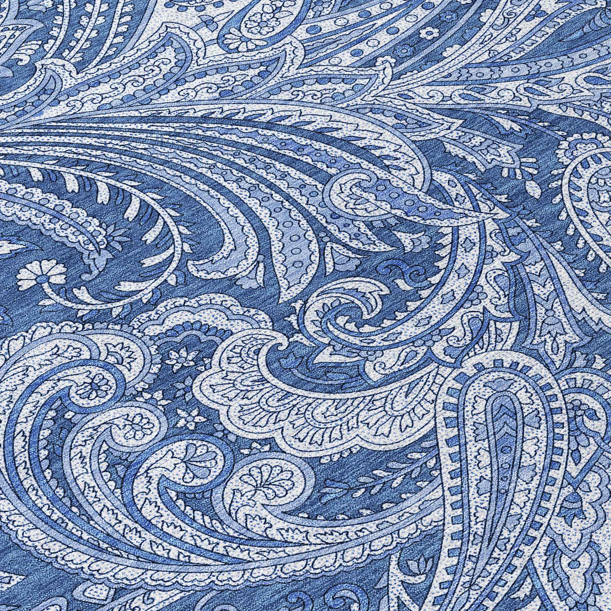 8' Navy Blue And Denim Blue Round Paisley Washable Indoor Outdoor Area Rug