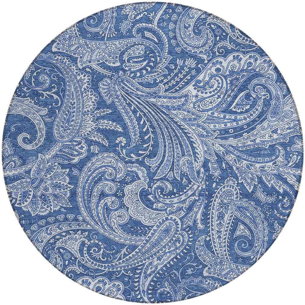 8' Navy Blue And Denim Blue Round Paisley Washable Indoor Outdoor Area Rug