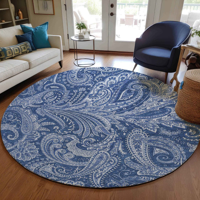8' Navy Blue And Denim Blue Round Paisley Washable Indoor Outdoor Area Rug