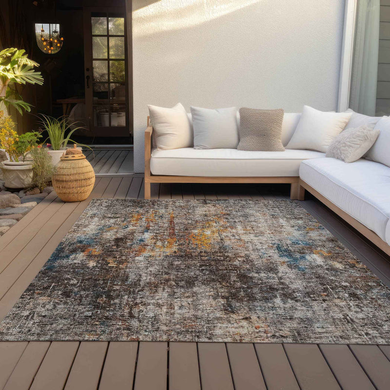 9' X 12' Taupe Chocolate And Copper Abstract Washable Indoor Outdoor Area Rug