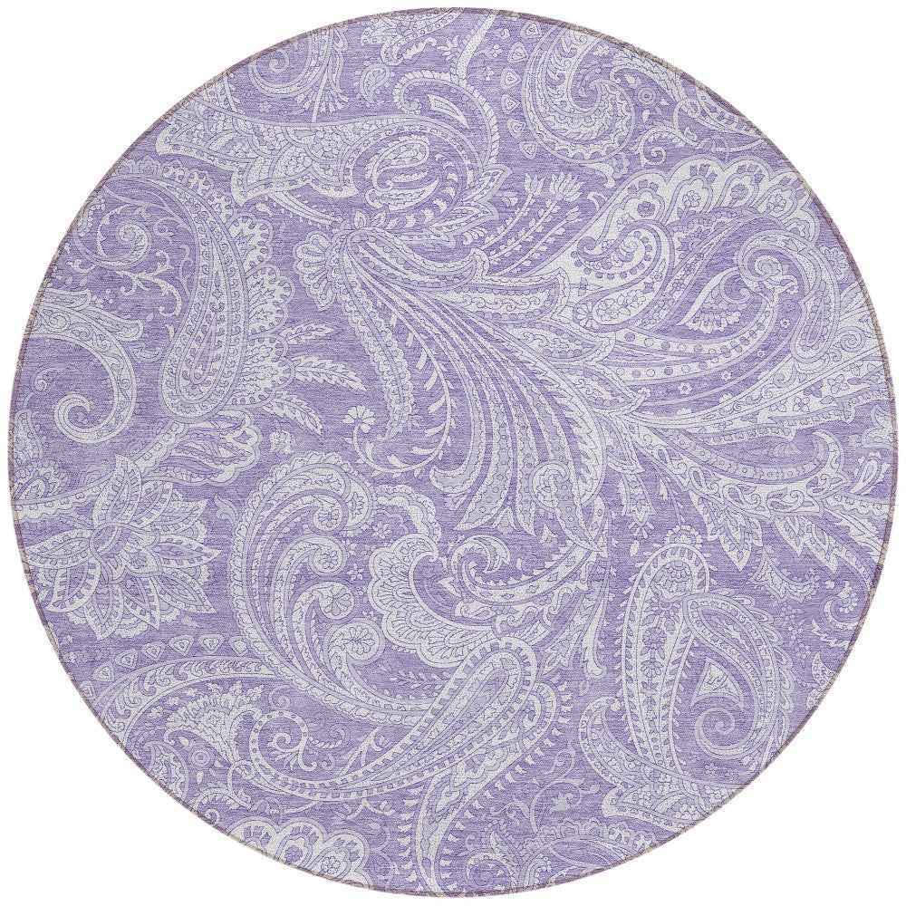 8' Lavender Purple And Ivory Round Paisley Washable Indoor Outdoor Area Rug
