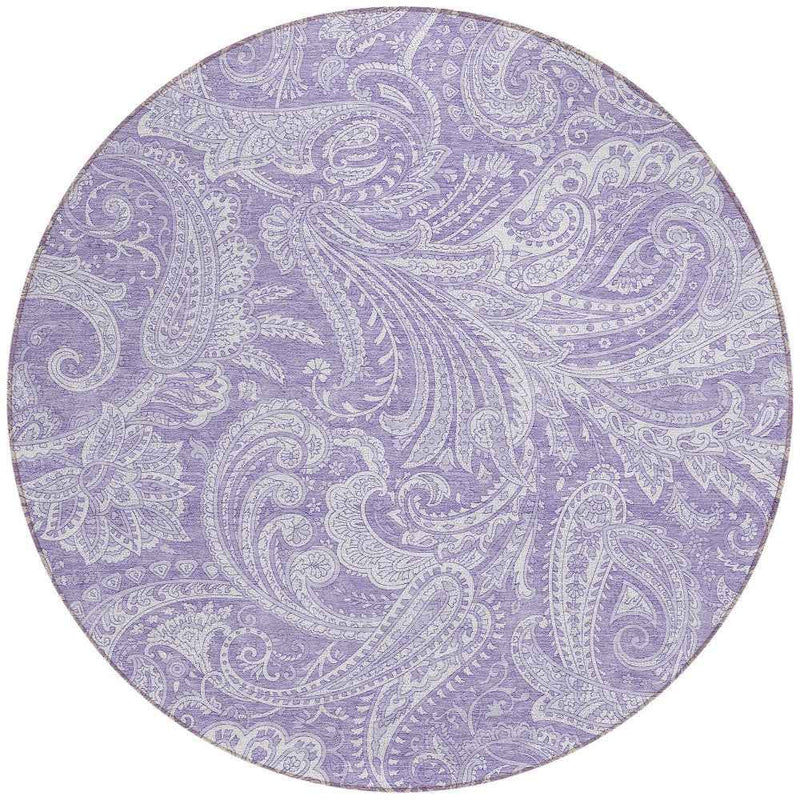 8' Lavender Purple And Ivory Round Paisley Washable Indoor Outdoor Area Rug