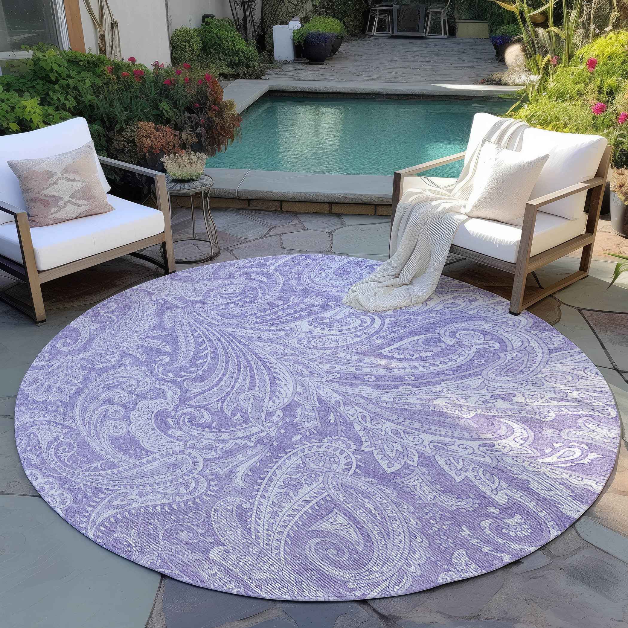 8' Lavender Purple And Ivory Round Paisley Washable Indoor Outdoor Area Rug