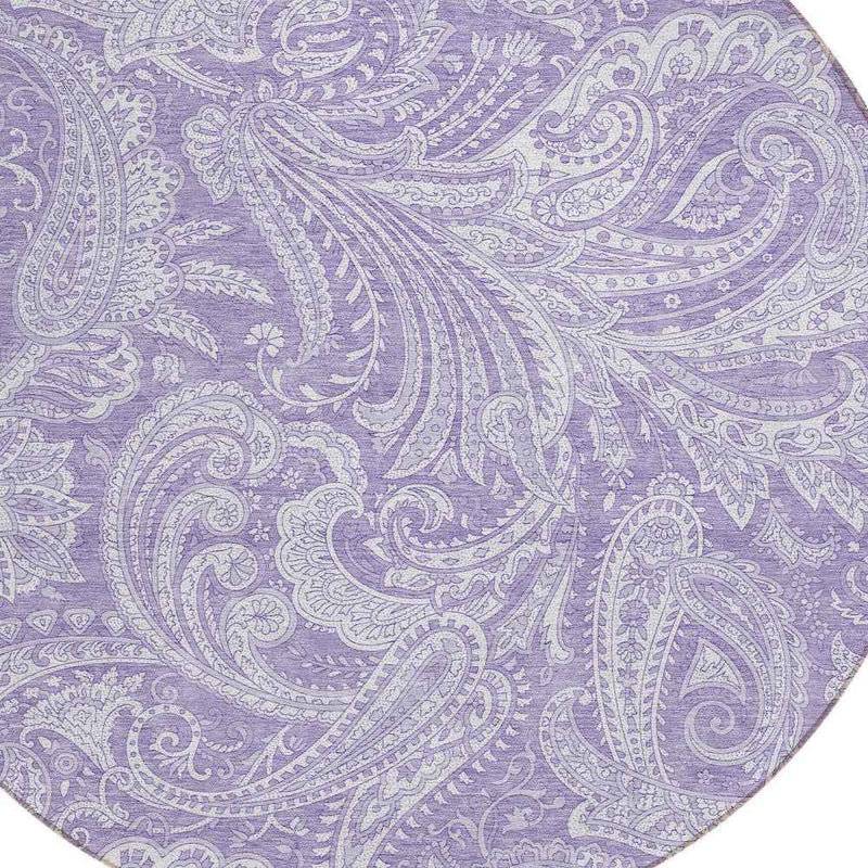 8' Lavender Purple And Ivory Round Paisley Washable Indoor Outdoor Area Rug