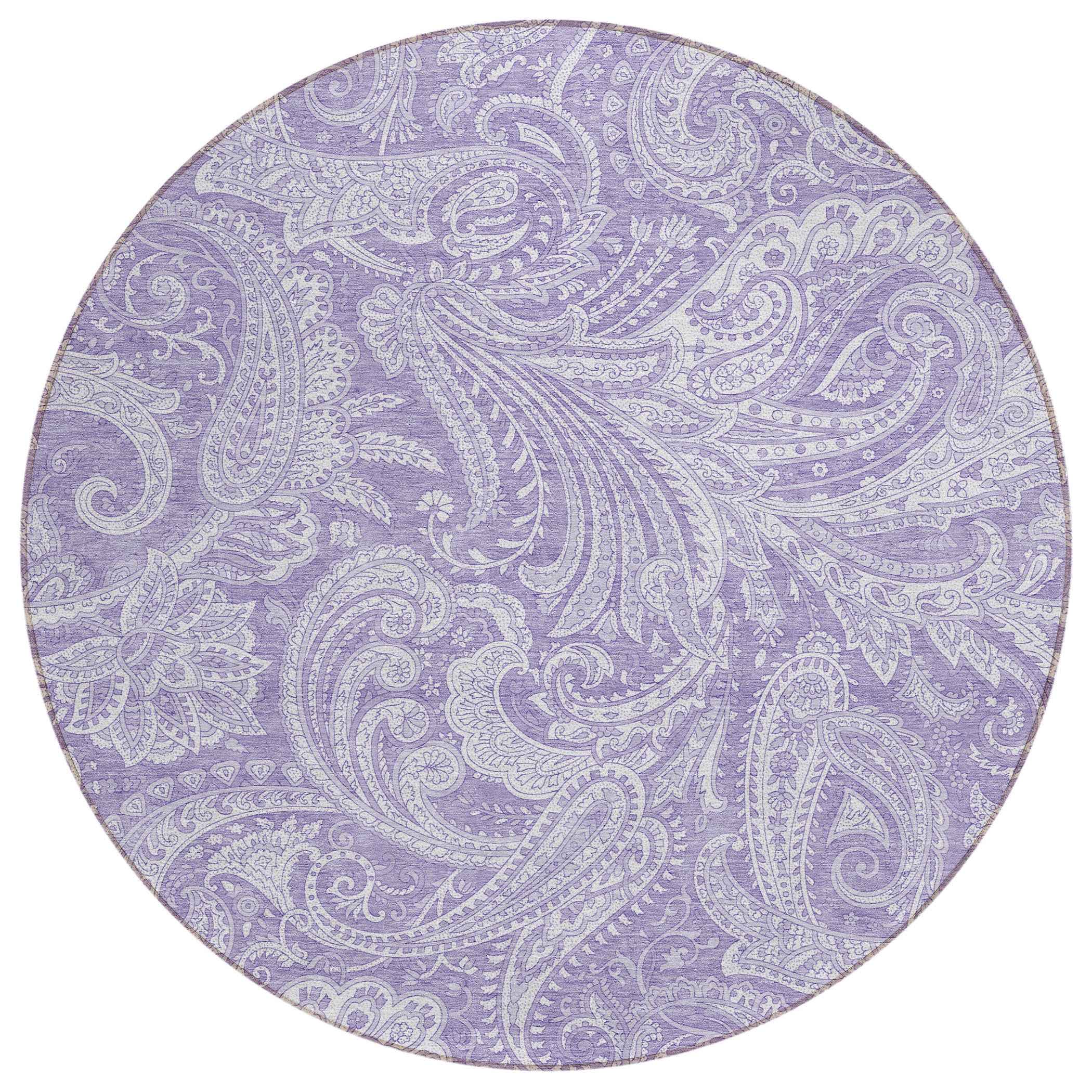 8' Lavender Purple And Ivory Round Paisley Washable Indoor Outdoor Area Rug