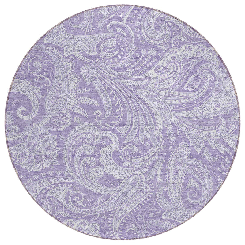 8' Lavender Purple And Ivory Round Paisley Washable Indoor Outdoor Area Rug