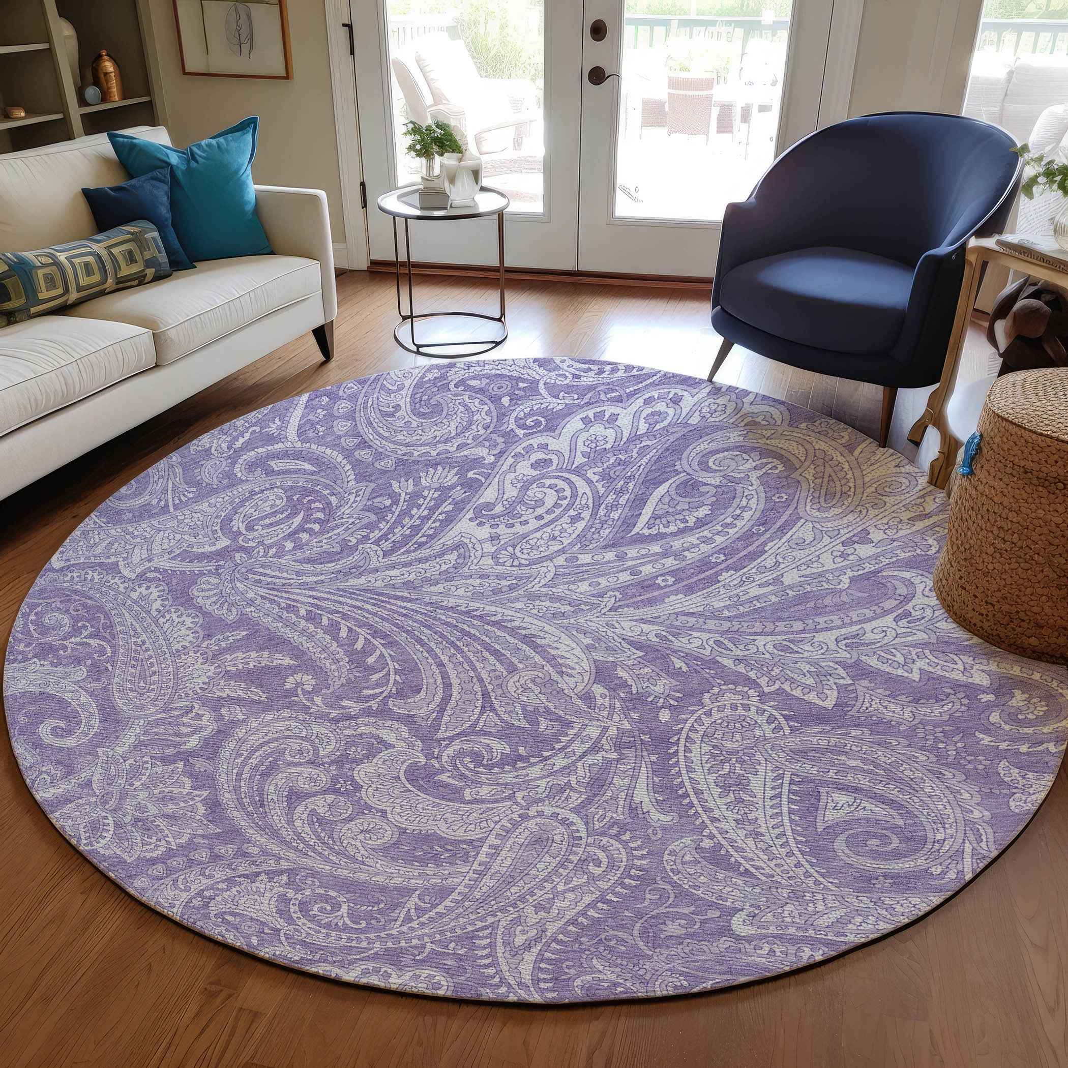 8' Lavender Purple And Ivory Round Paisley Washable Indoor Outdoor Area Rug