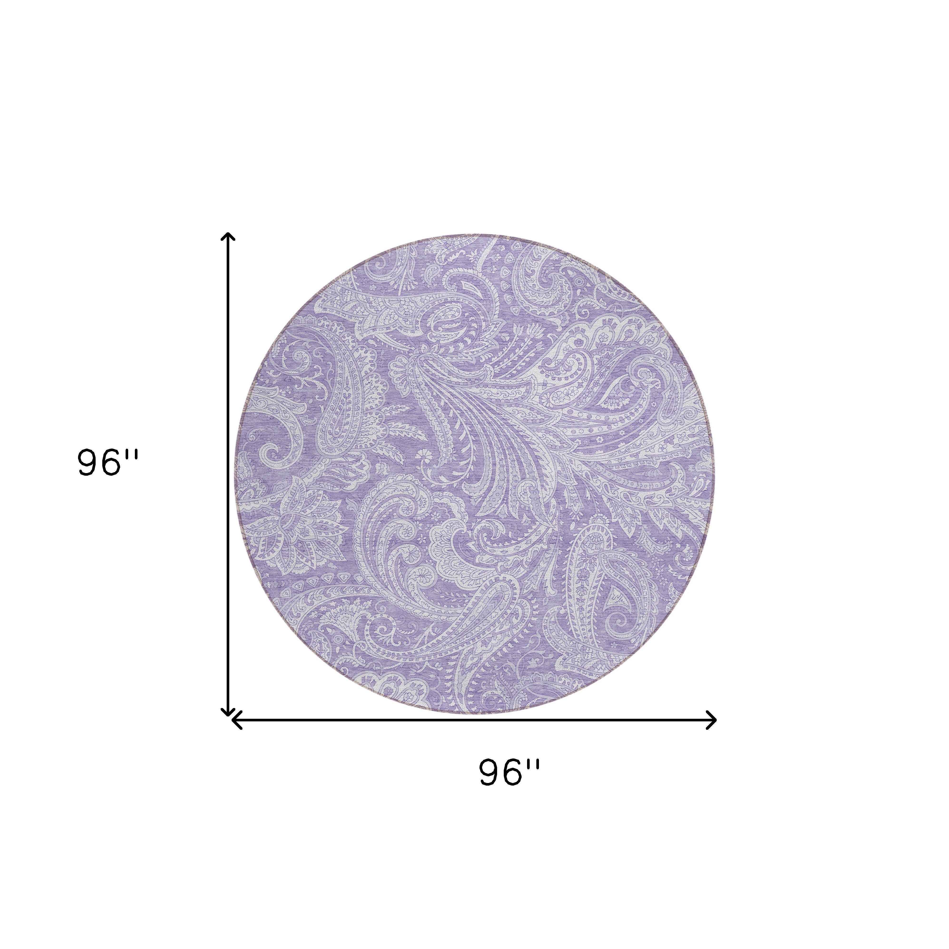8' Lavender Purple And Ivory Round Paisley Washable Indoor Outdoor Area Rug