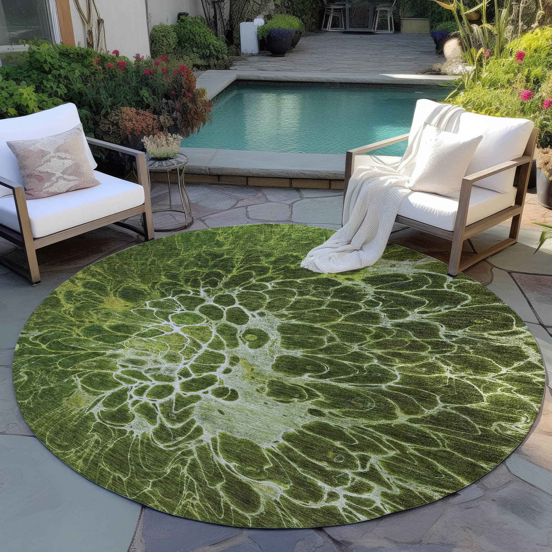 8' Olive Green And Sage Round Abstract Washable Indoor Outdoor Area Rug