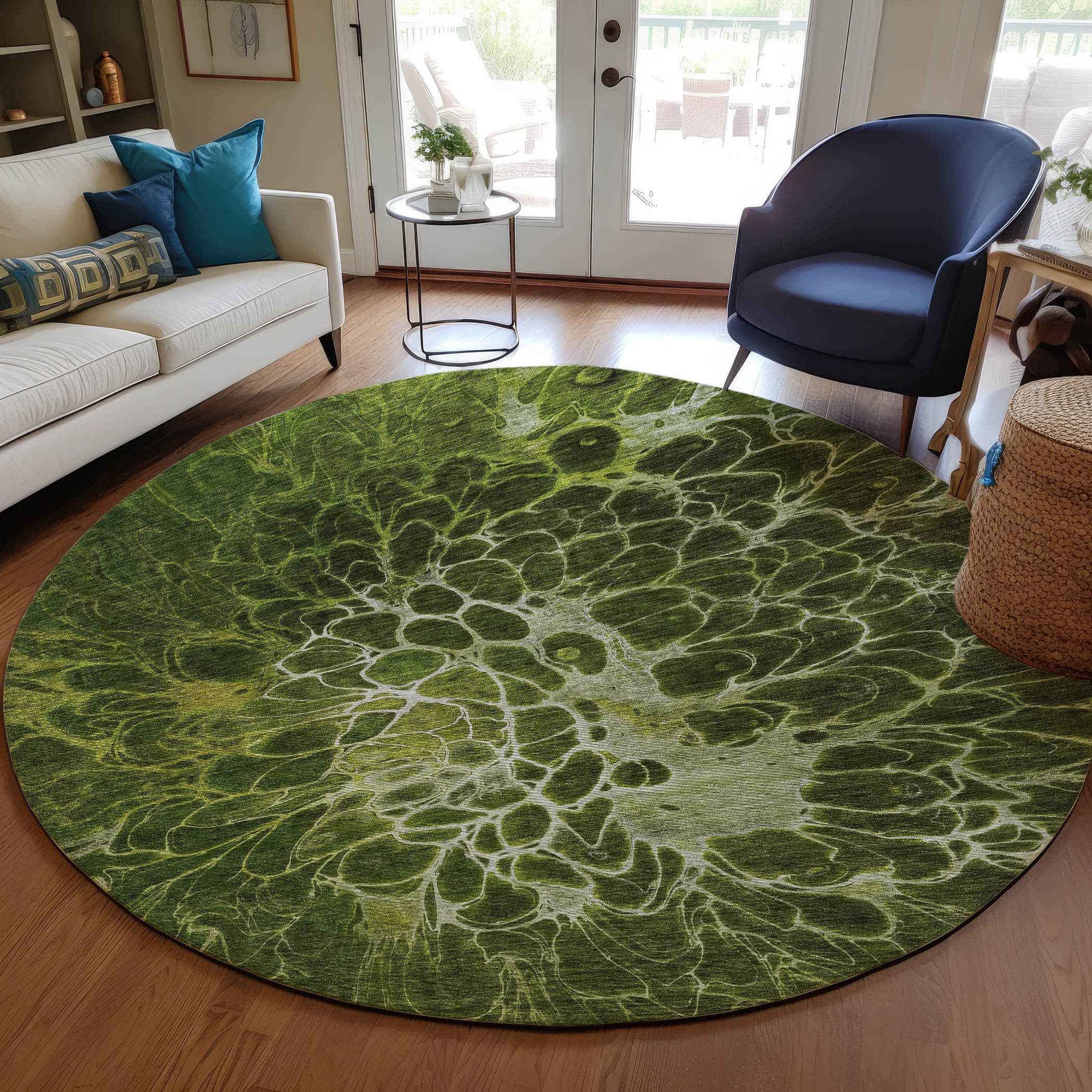 8' Olive Green And Sage Round Abstract Washable Indoor Outdoor Area Rug