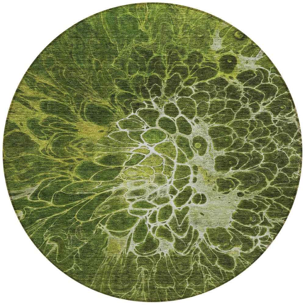 8' Olive Green And Sage Round Abstract Washable Indoor Outdoor Area Rug