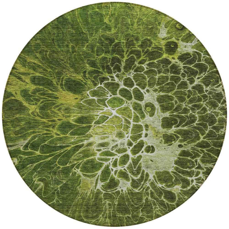 8' Olive Green And Sage Round Abstract Washable Indoor Outdoor Area Rug