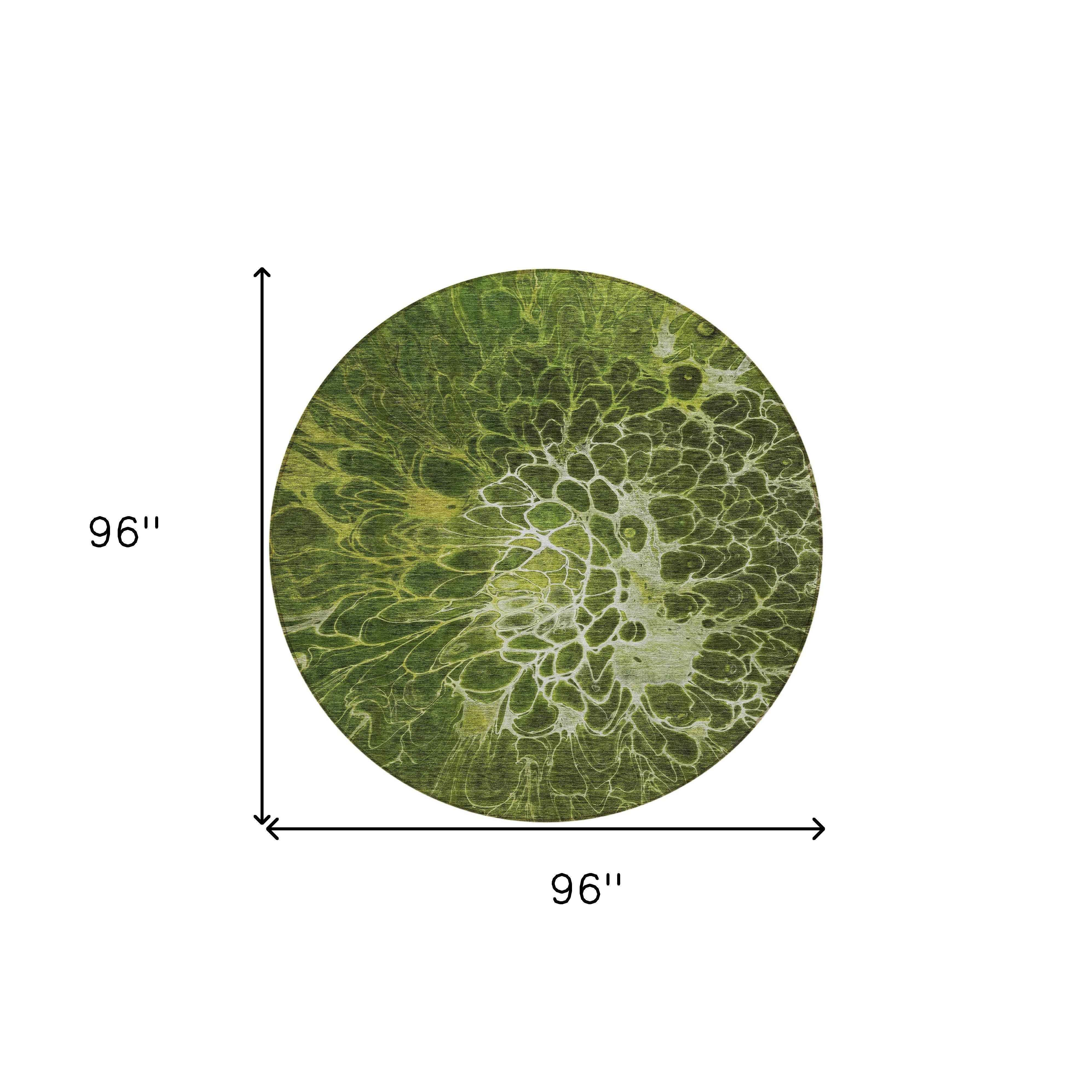 8' Olive Green And Sage Round Abstract Washable Indoor Outdoor Area Rug