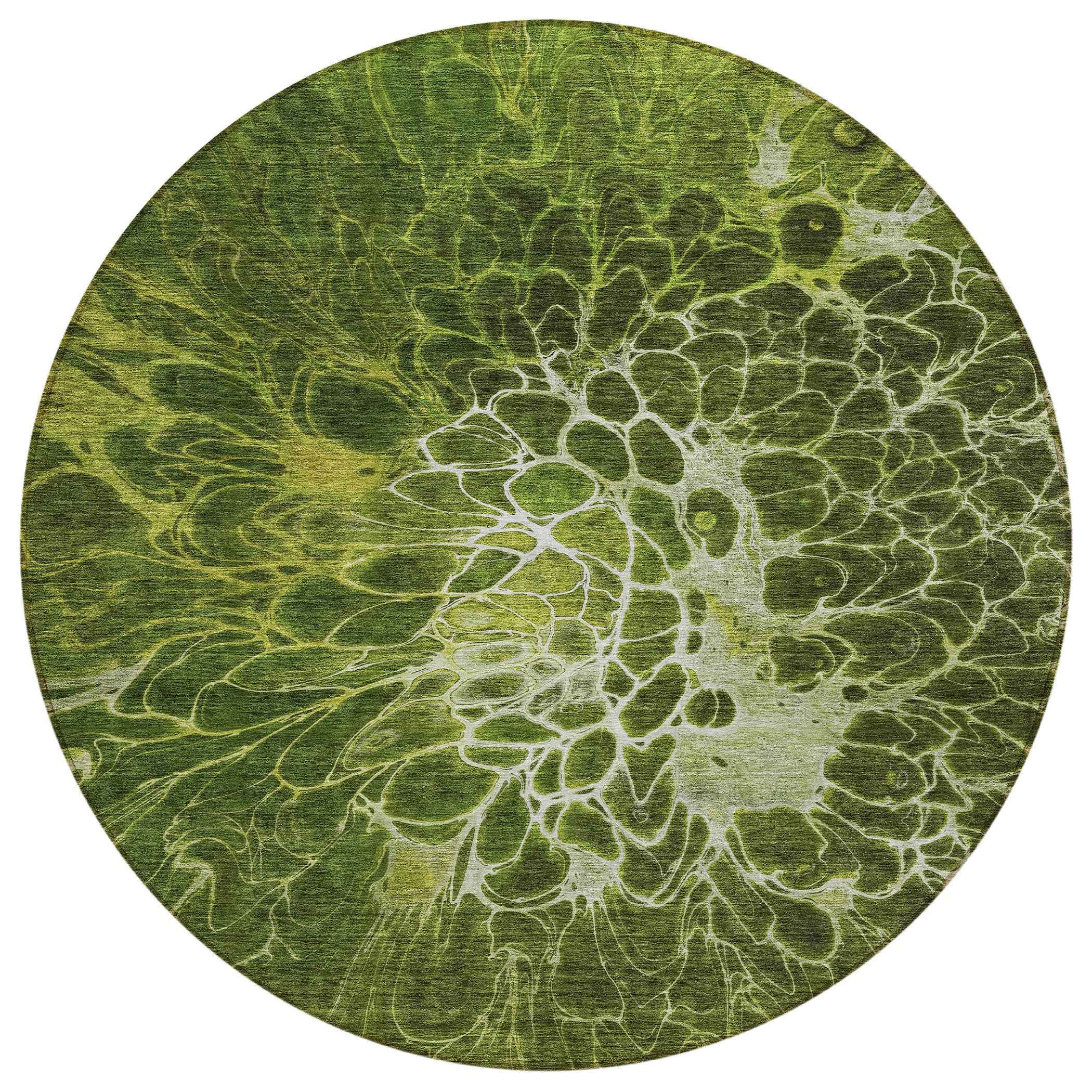 8' Olive Green And Sage Round Abstract Washable Indoor Outdoor Area Rug