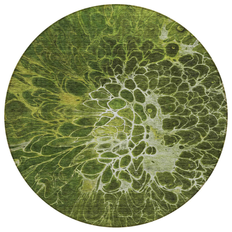 8' Olive Green And Sage Round Abstract Washable Indoor Outdoor Area Rug