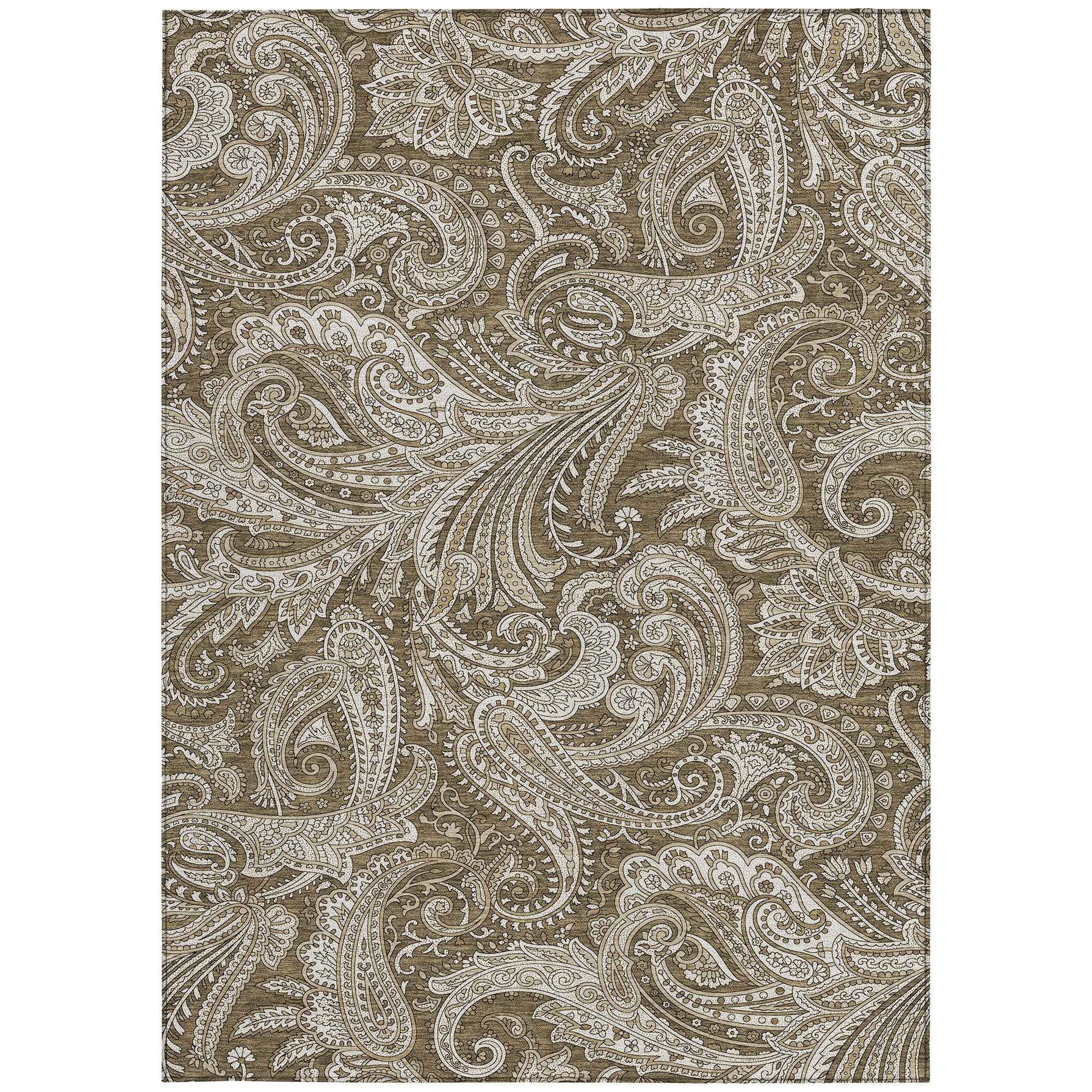 8' X 10' Chocolate Beige And Ivory Paisley Washable Indoor Outdoor Area Rug