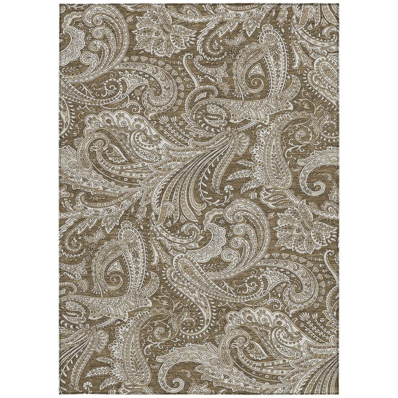 8' X 10' Chocolate Beige And Ivory Paisley Washable Indoor Outdoor Area Rug