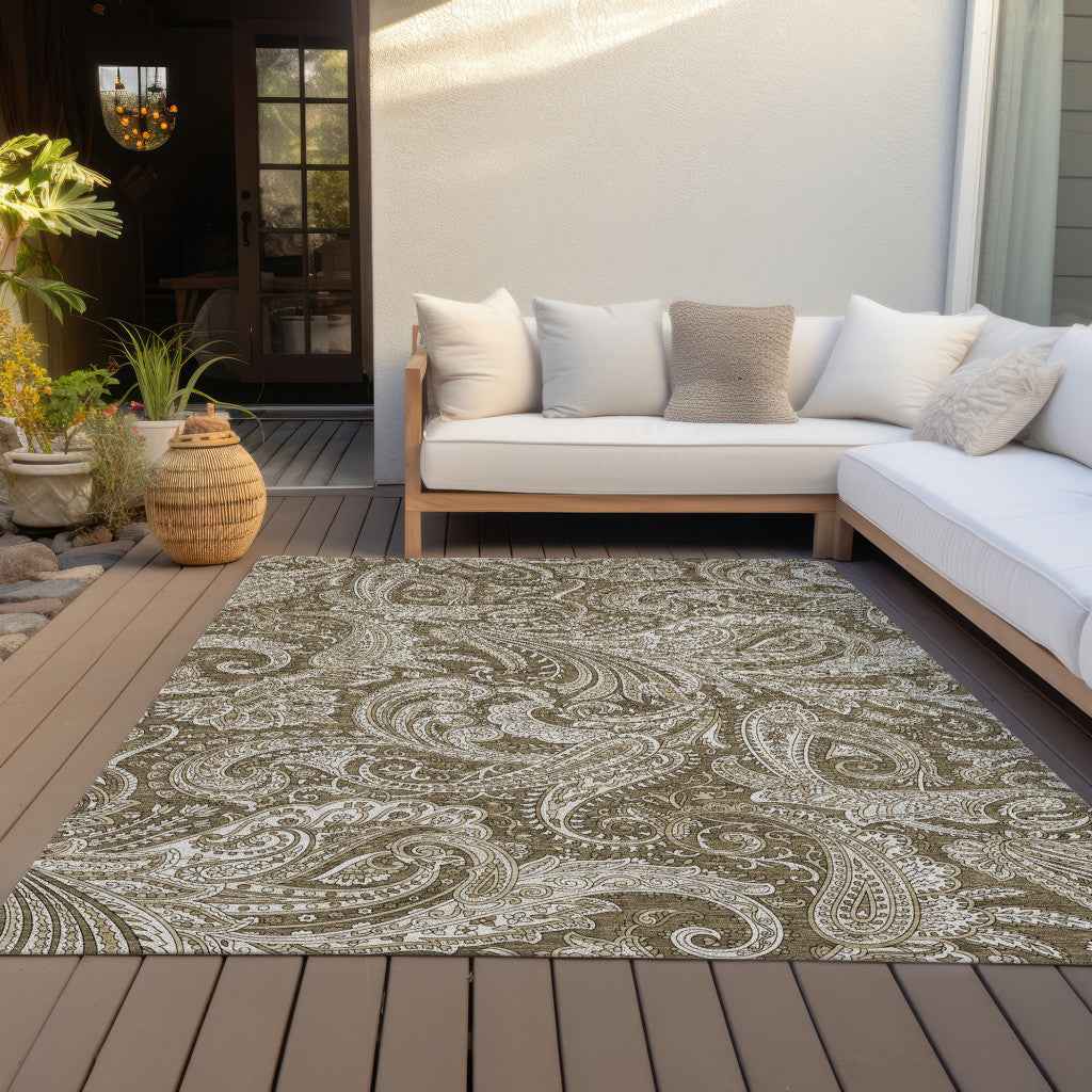 8' X 10' Chocolate Beige And Ivory Paisley Washable Indoor Outdoor Area Rug