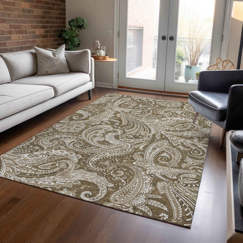 8' X 10' Chocolate Beige And Ivory Paisley Washable Indoor Outdoor Area Rug
