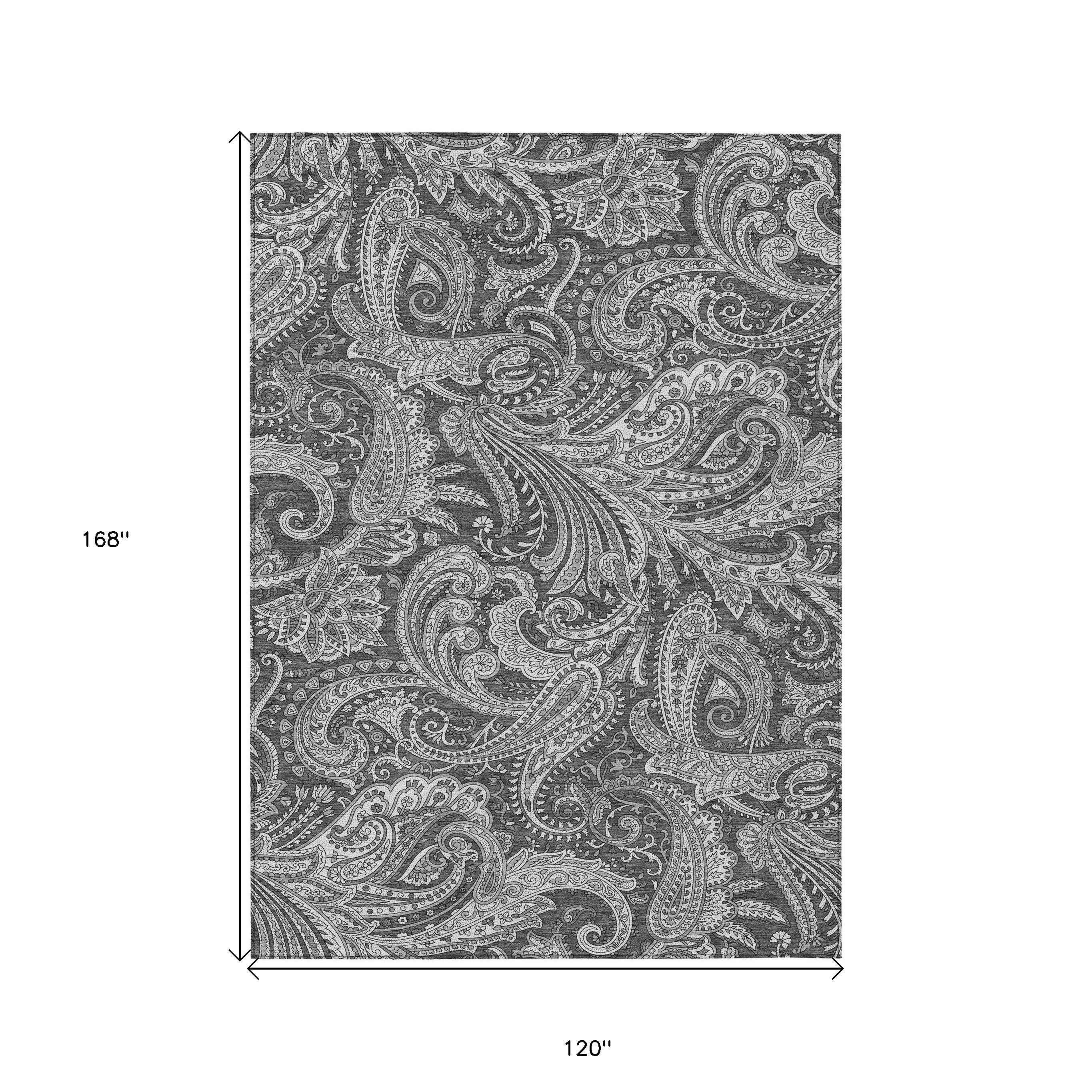 10' X 14' Gray Charcoal And Ivory Paisley Washable Indoor Outdoor Area Rug