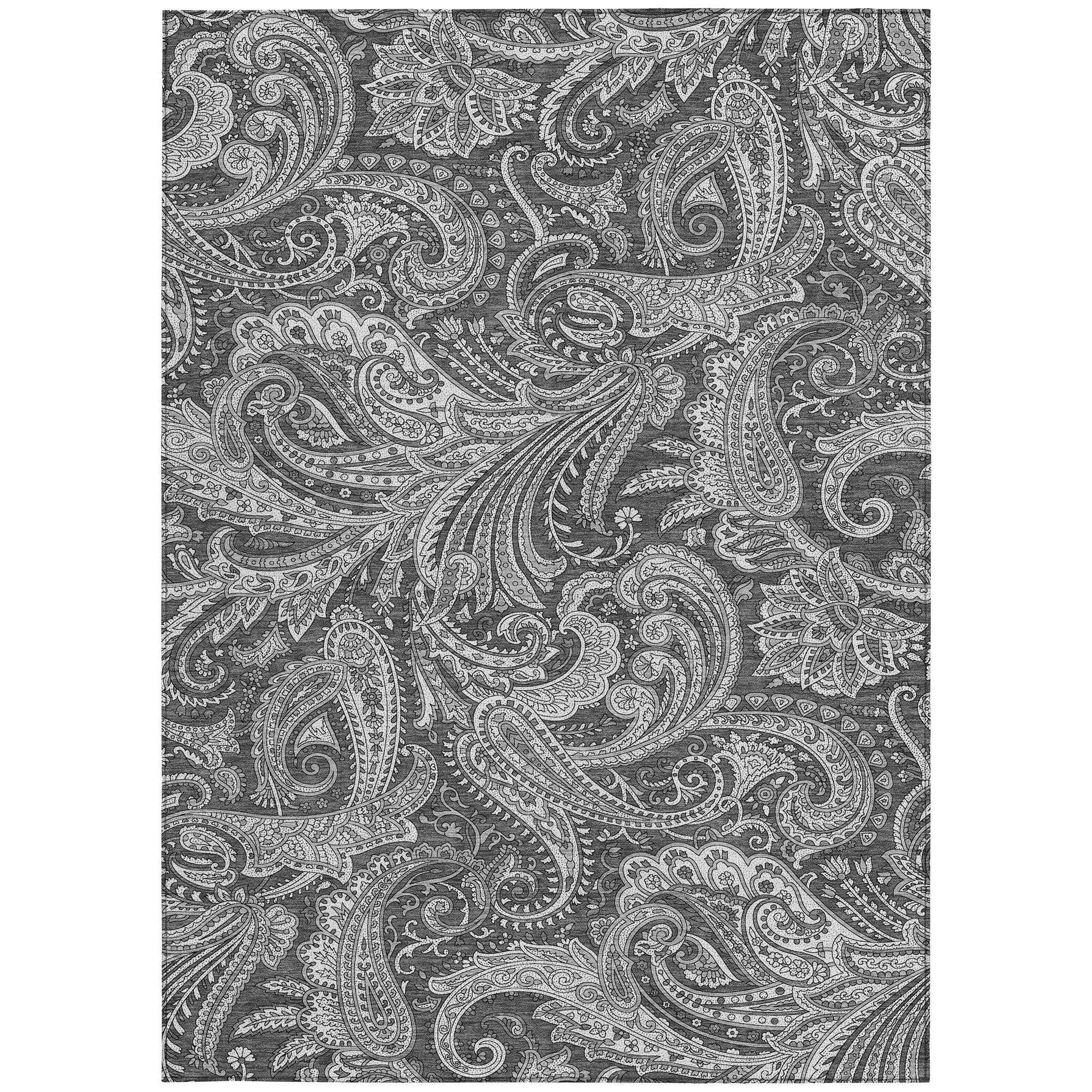 10' X 14' Gray Charcoal And Ivory Paisley Washable Indoor Outdoor Area Rug